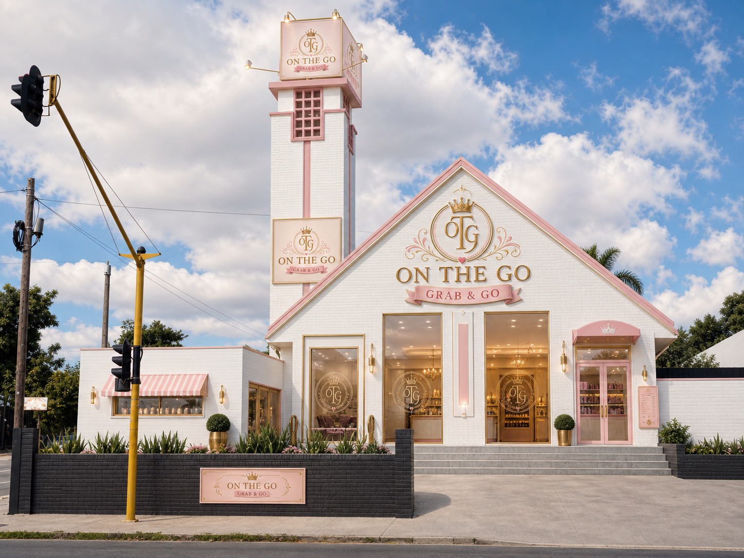 On The Go premium flagship storefront with pink and gold facade
